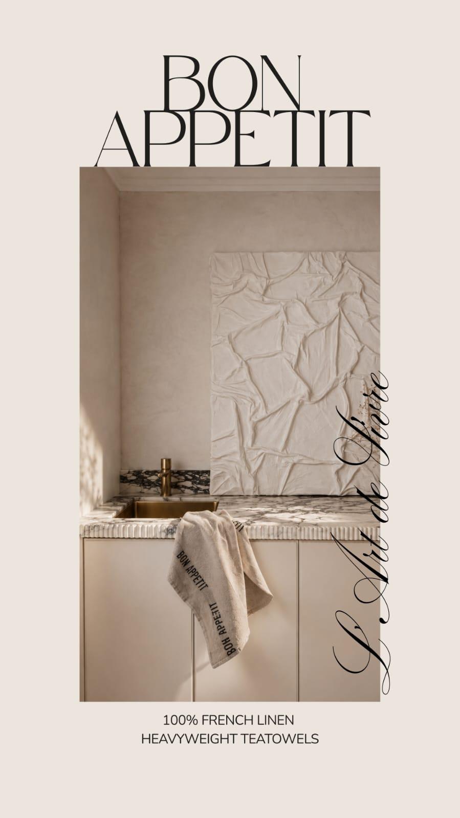 100% French Linen Tea Towel - Bon Appétit | Natural Linen